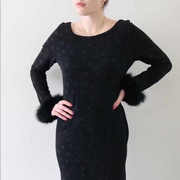 Vintage Black Gown with Feather Trim Sleeves - Picture 2 of 8